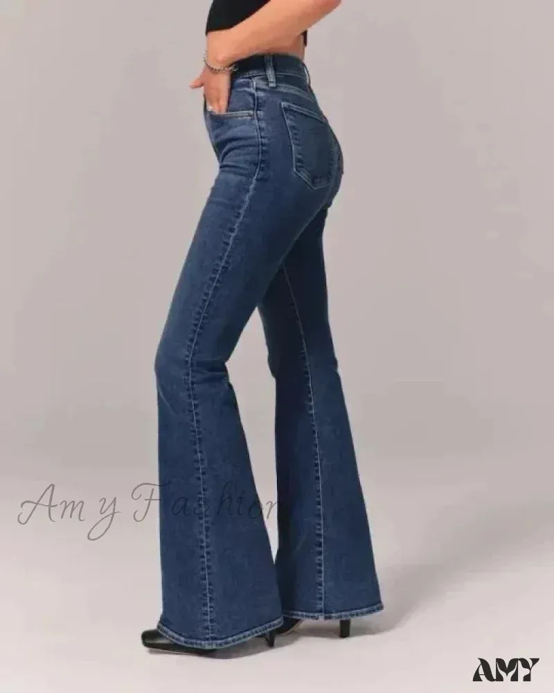 Amy Fashion - Flare Vintage Ladies Fashion Stretch Pocket Plus Size Wide Denim Jean