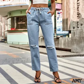 Amy Fashion - New Ripped Drawstring Elastic Waist Vintage Casual Fashion Baggy Denim Jean