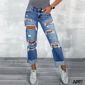 Amy Fashion - Ripped New High Straight Streetwear Hole Wash Cotton Ladies Denim Jean