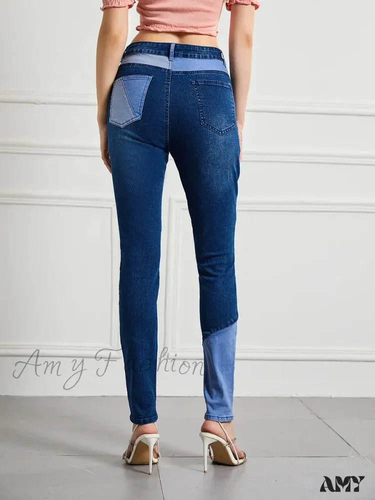 Amy Fashion - Stretch Patchwork Slim Fashion Vintage Streetwear Denim Jean