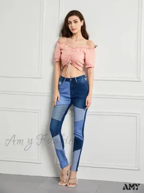 Amy Fashion - Stretch Patchwork Slim Fashion Vintage Streetwear Denim Jean