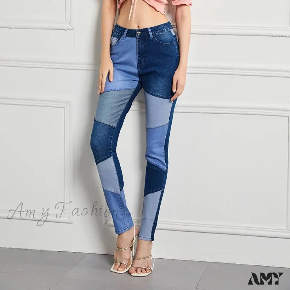 Amy Fashion - Stretch Patchwork Slim Fashion Vintage Streetwear Denim Jean