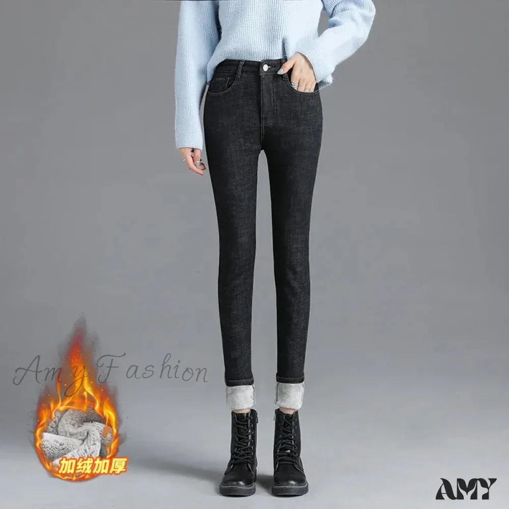 Amy Fashion - Thickened High Waist Warm Casual Slim Stretch Denim Plus Velvet Jean