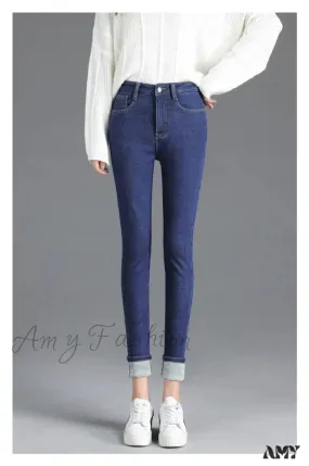 Amy Fashion - Thickened High Waist Warm Casual Slim Stretch Denim Plus Velvet Jean