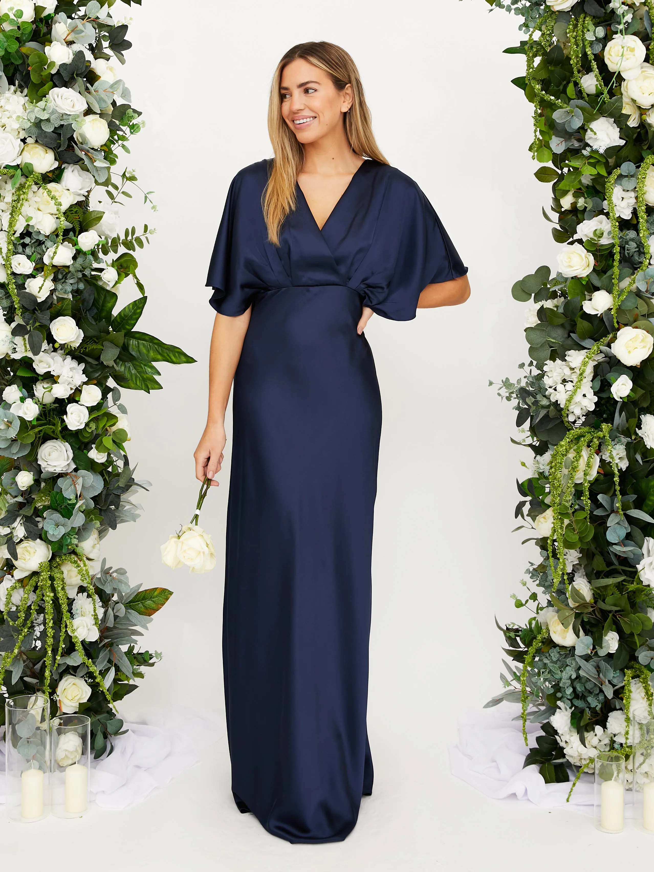 Angel Sleeve Maxi Satin Dress / Navy