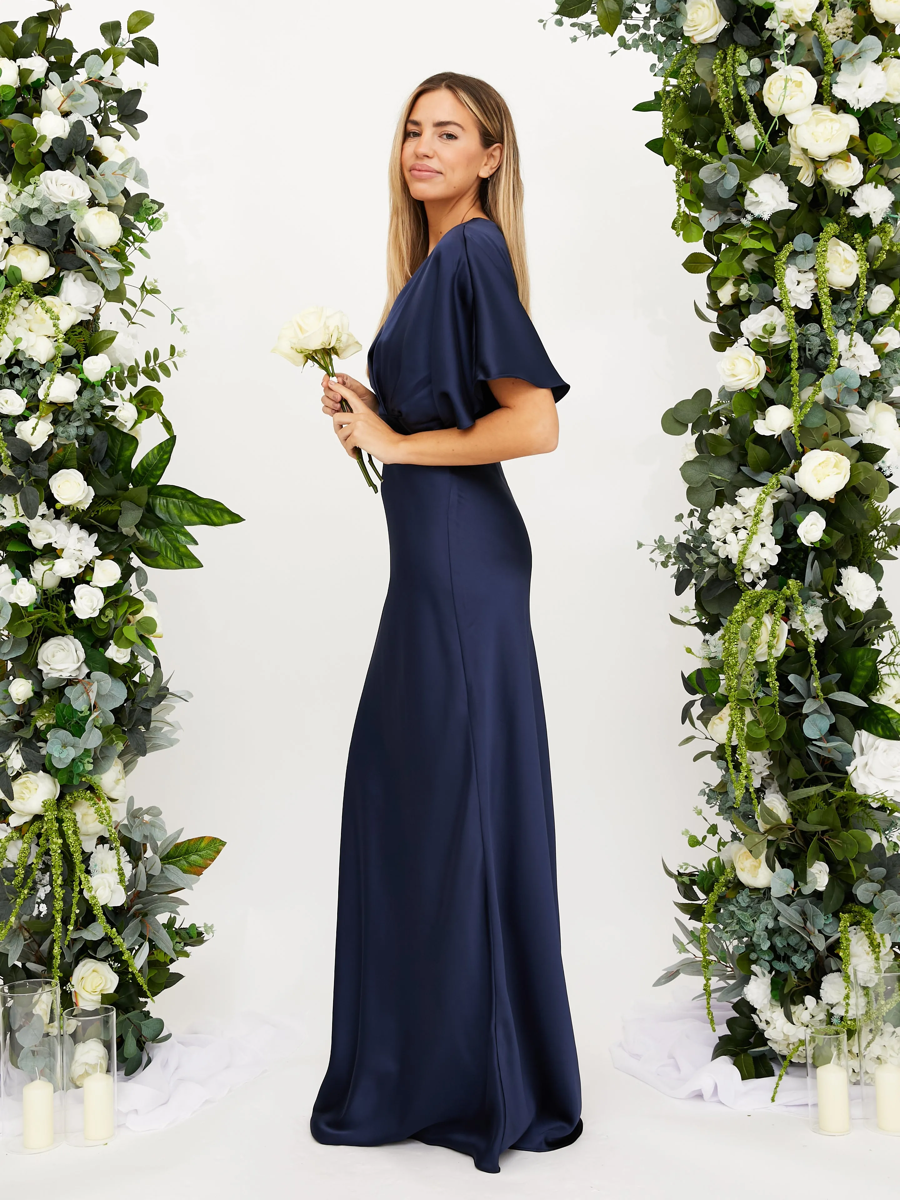 Angel Sleeve Maxi Satin Dress / Navy