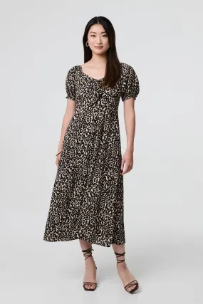 Animal Print Short Puff Sleeve Maxi Dress