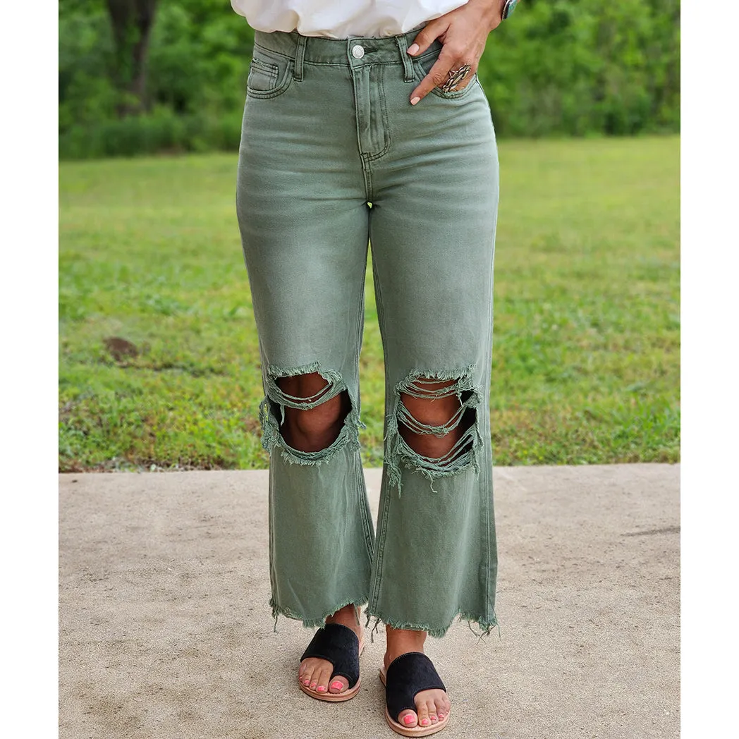 Army Green 90's Distressed Crop Jeans