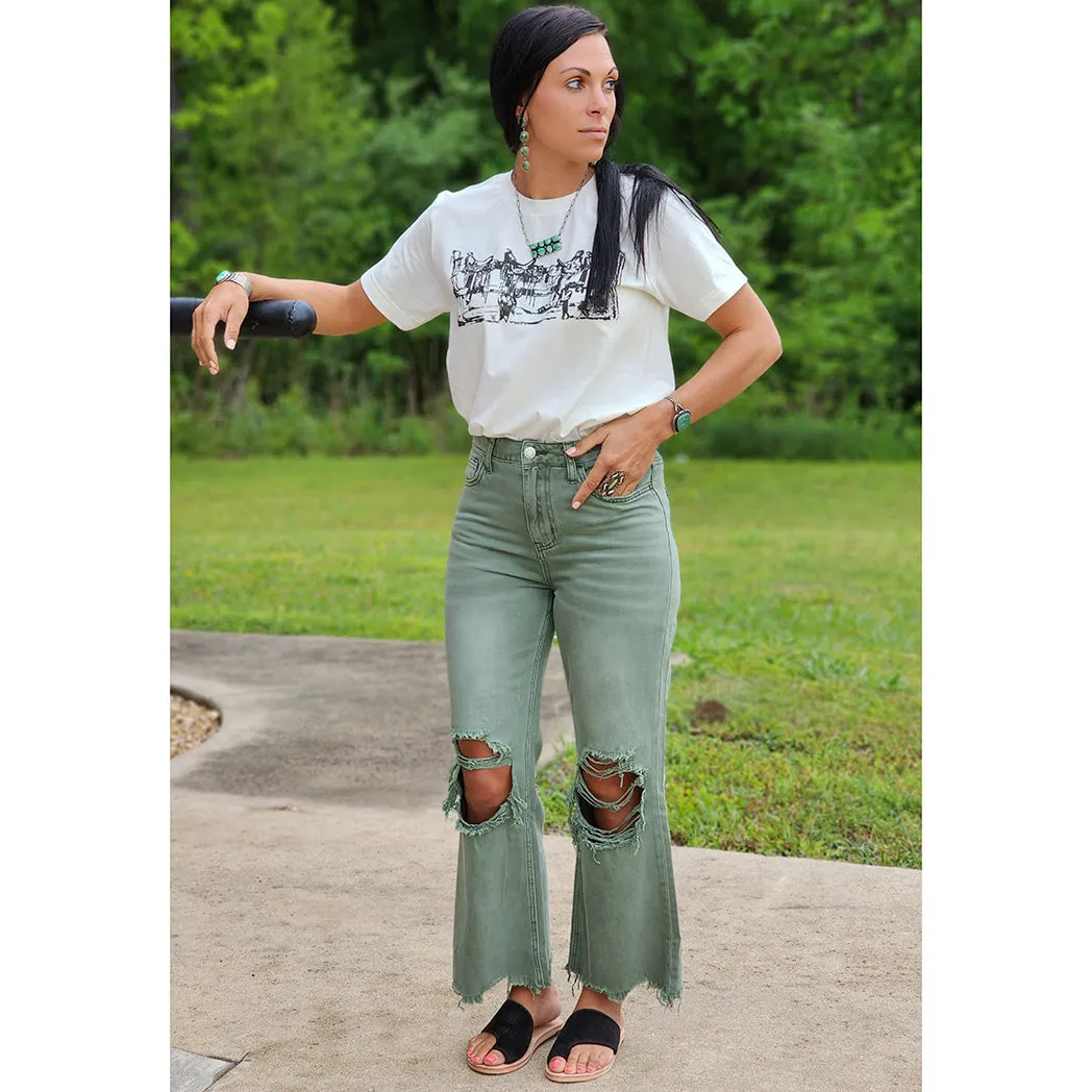 Army Green 90's Distressed Crop Jeans