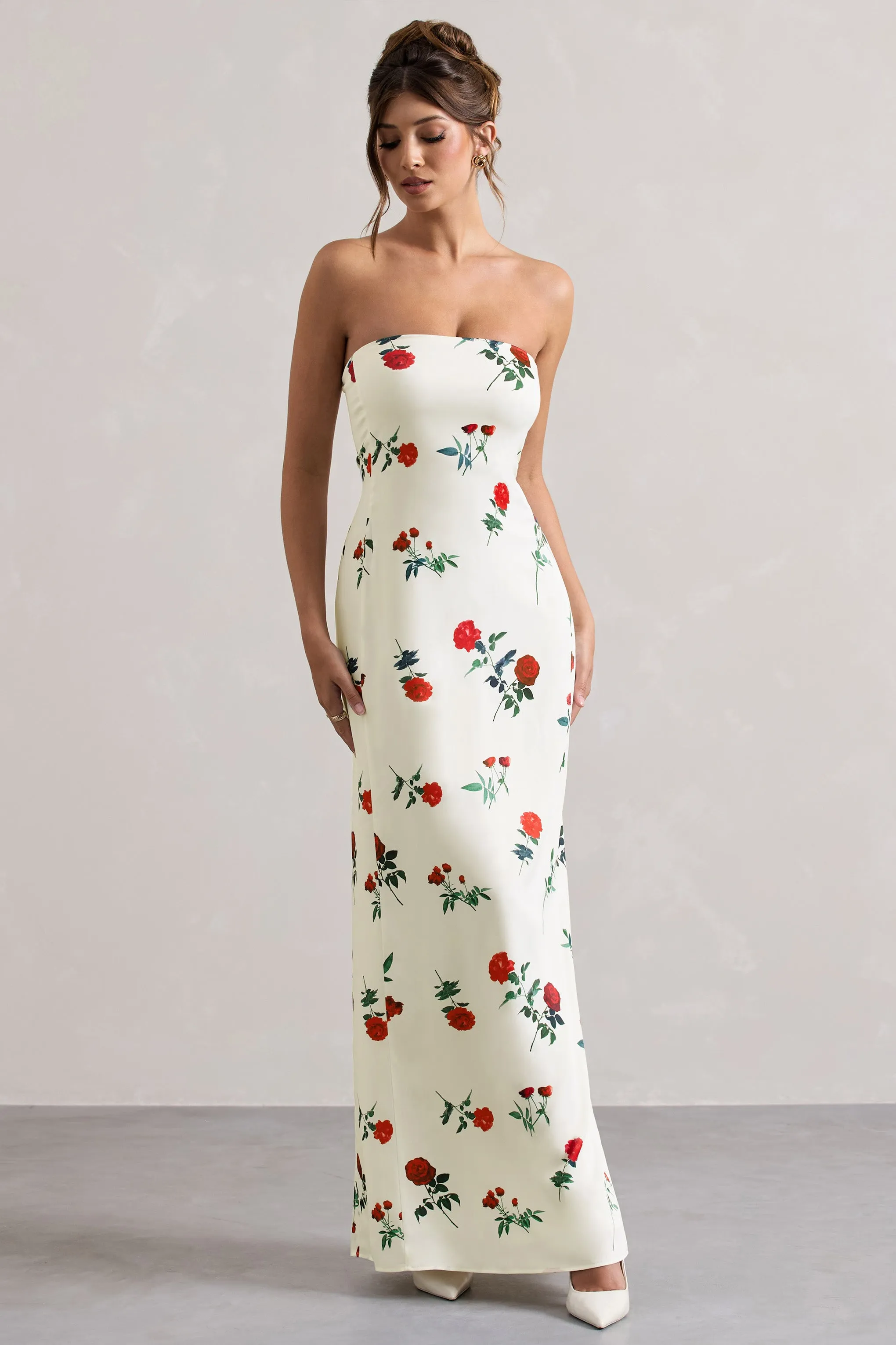 Azra | Rose Print Satin Bandeau Maxi Dress