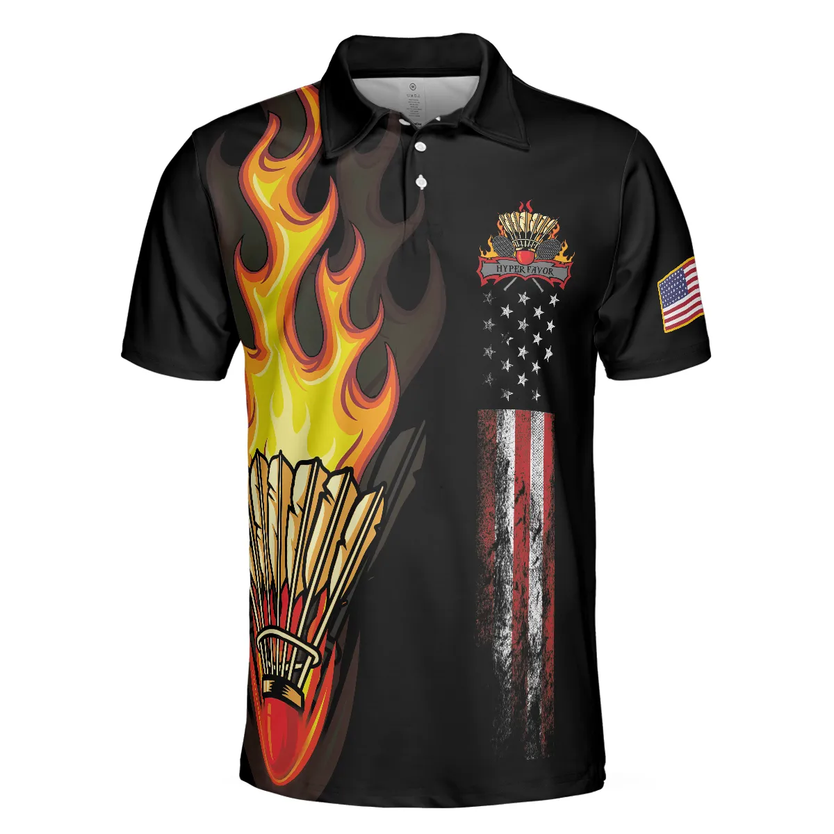 Badminton Flame Short Sleeve Polo Shirt, Black Theme American Flag Badminton Polo Shirt, Best Badminton Shirt For Men