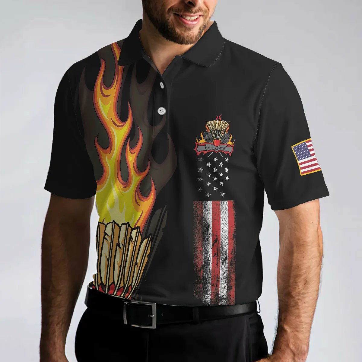 Badminton Flame Short Sleeve Polo Shirt, Black Theme American Flag Badminton Polo Shirt, Best Badminton Shirt For Men