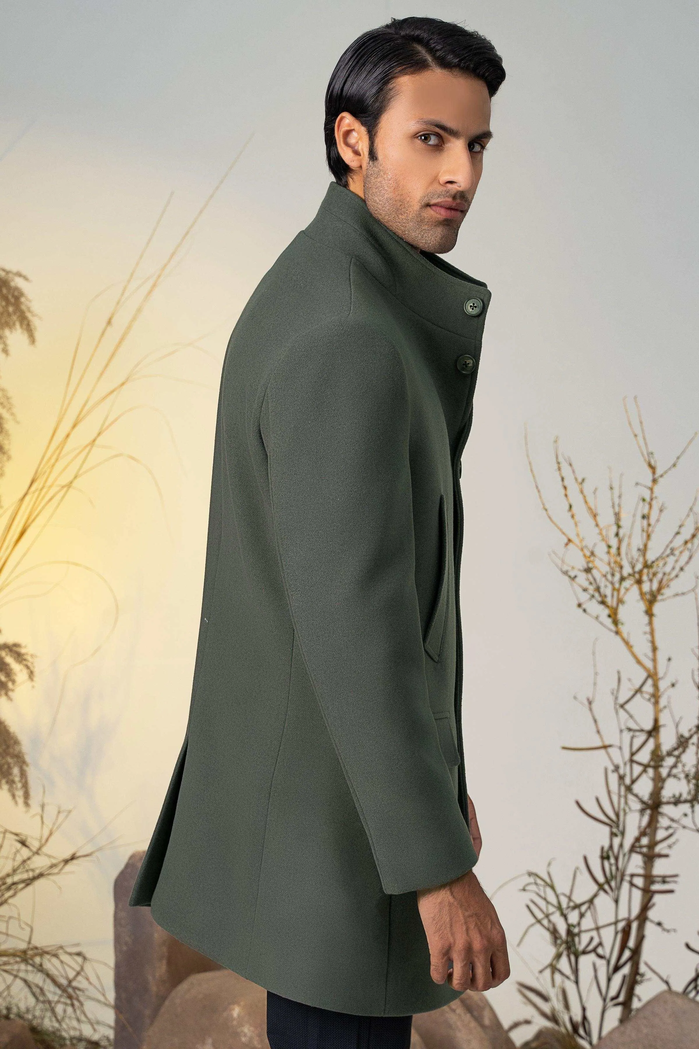 BAN COLLAR LONG COAT GREEN