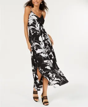 Bar III Women's V-Neck Floral Printed Slit Maxi Dress, Black, 2/XS