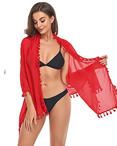 Beach Sarongs Swim Wrap Skirt Cover Up Tassels For Women-Red