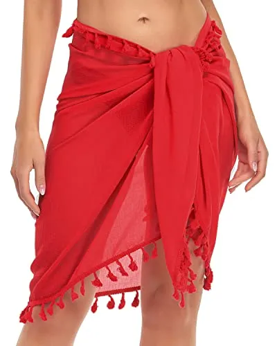 Beach Sarongs Swim Wrap Skirt Cover Up Tassels For Women-Red