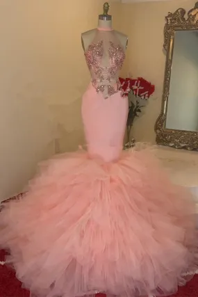 Beautiful Pink Lace High Neck Sleeveless Floor-length Mermaid Prom Dresses