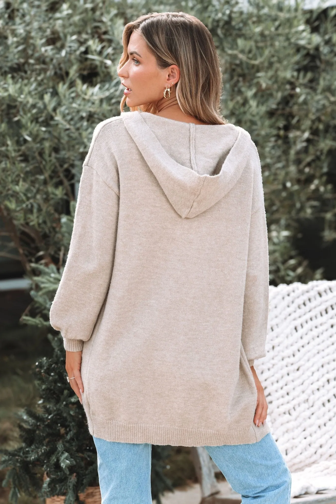 Beige Long Hooded Cardigan