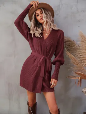 Belted Surplice Lantern Sleeve Wrap Sweater Mini Dress