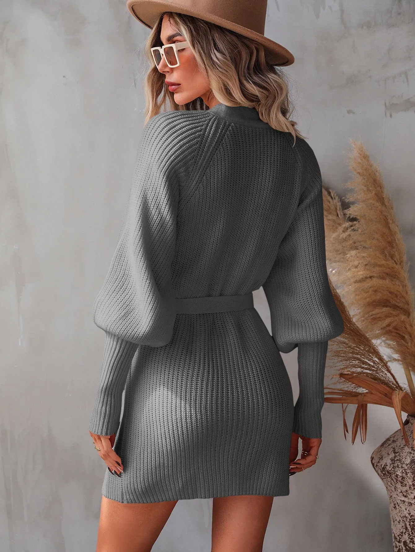 Belted Surplice Lantern Sleeve Wrap Sweater Mini Dress