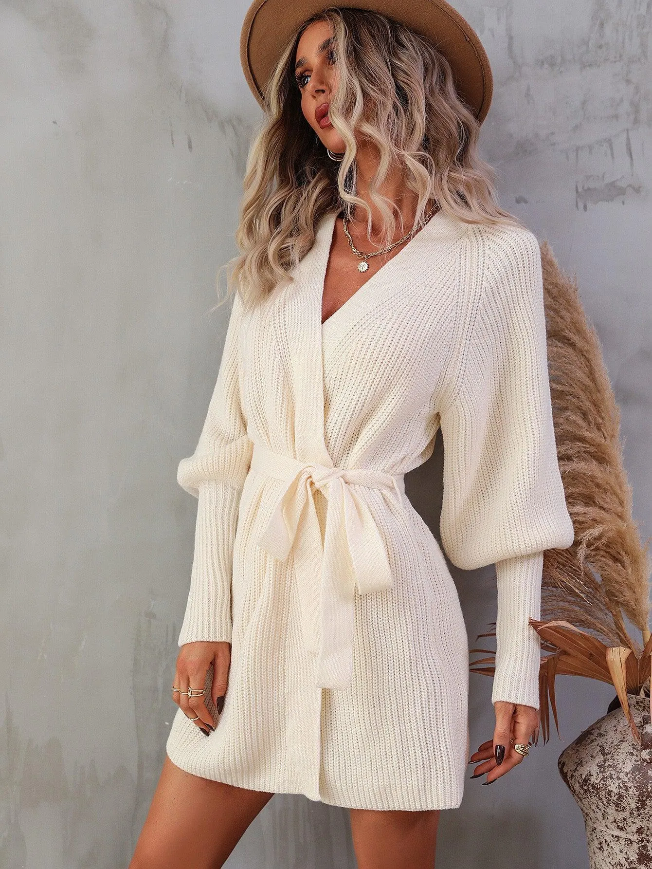 Belted Surplice Lantern Sleeve Wrap Sweater Mini Dress