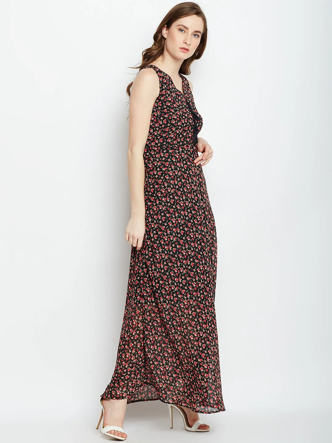 Berrylush Women Black & Red Floral Printed V-Neck Front Tie-Up Flared Maxi Dress