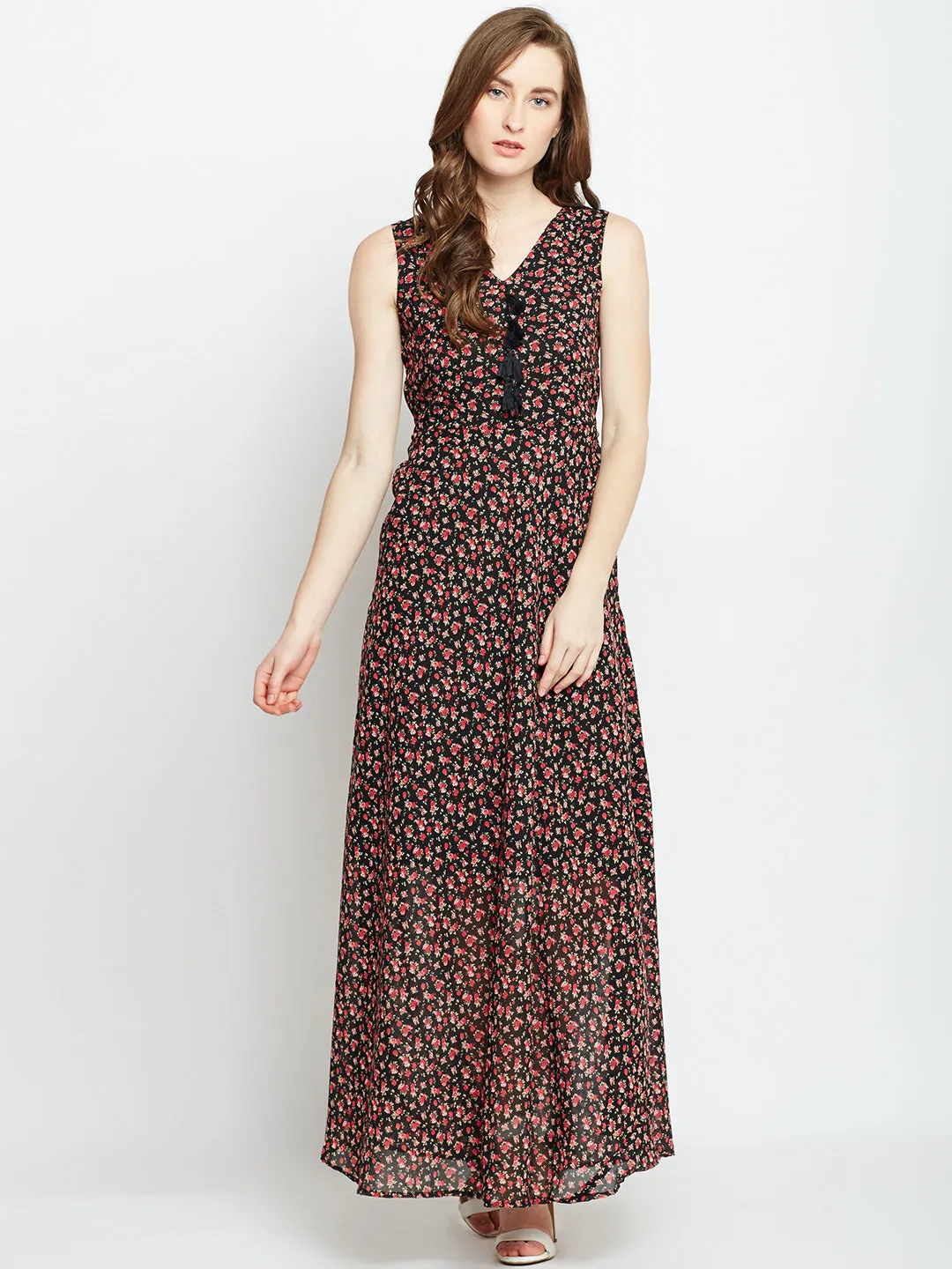 Berrylush Women Black & Red Floral Printed V-Neck Front Tie-Up Flared Maxi Dress