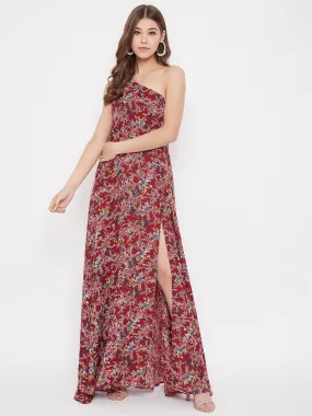 Berrylush Women Maroon Floral Printed One Shoulder Maxi Dress