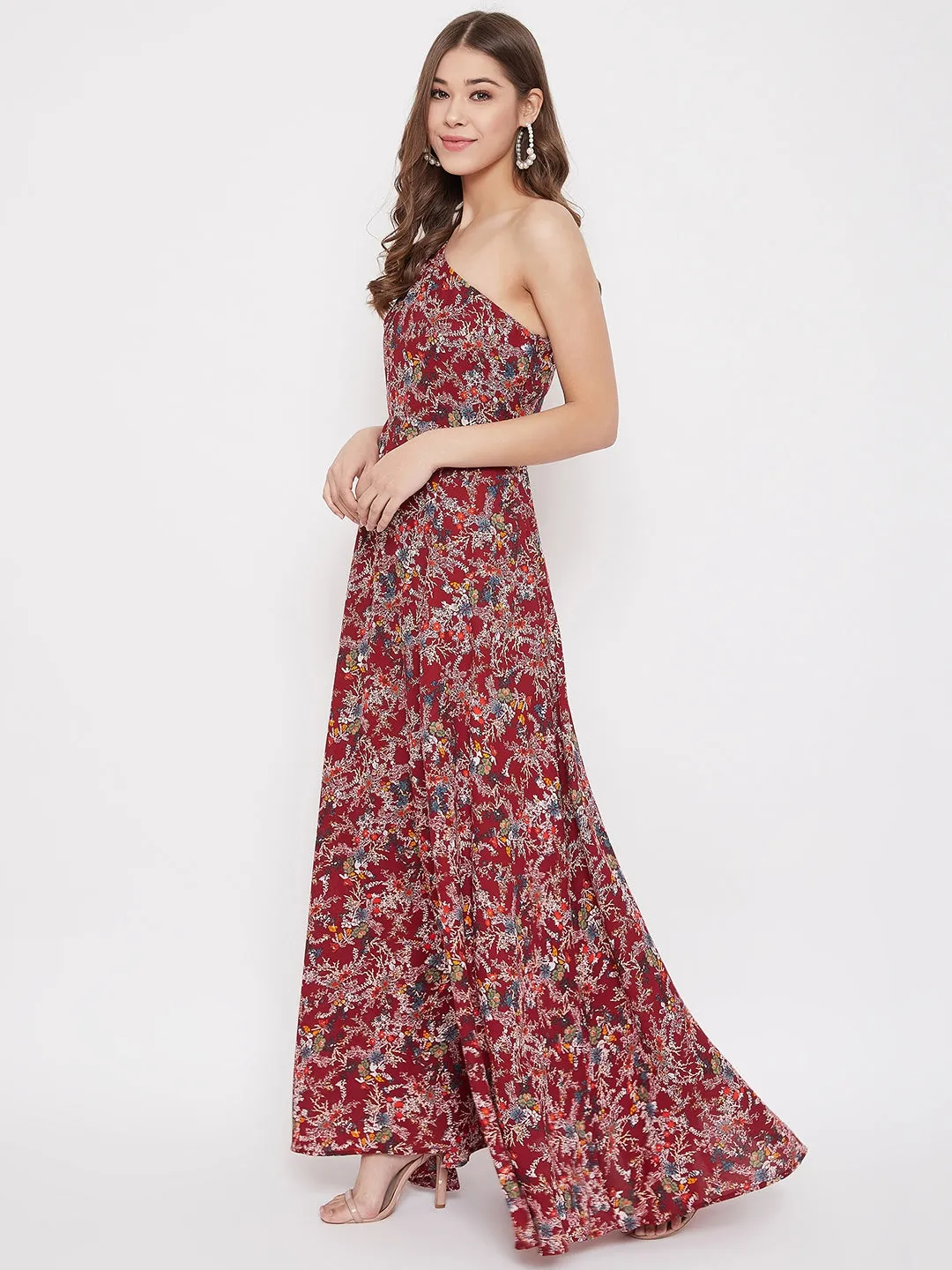 Berrylush Women Maroon Floral Printed One Shoulder Maxi Dress