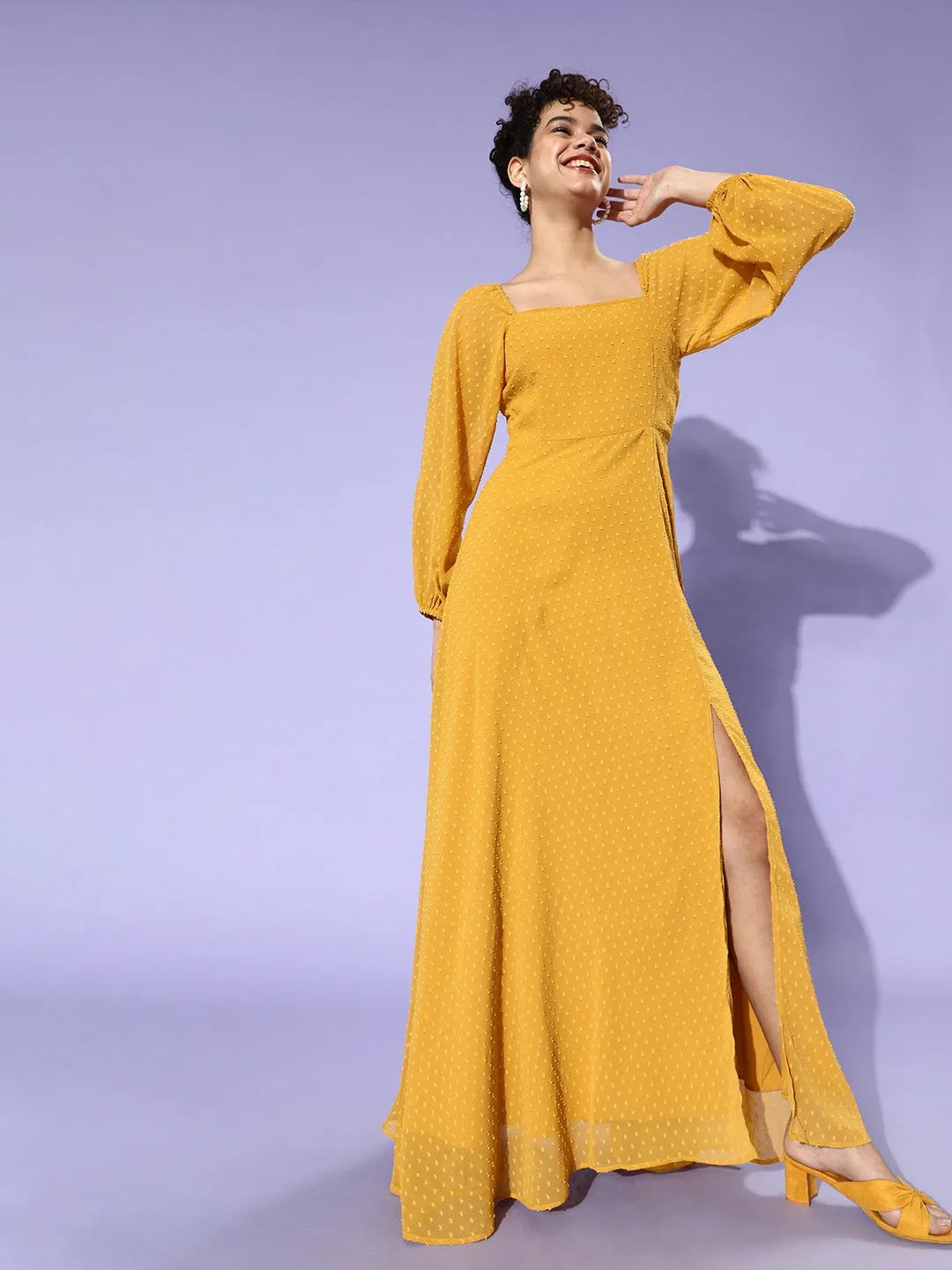 Berrylush Women Mustard Yellow Self-Design Patterned Puff Sleeves Maxi Dress