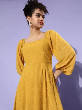 Berrylush Women Mustard Yellow Self-Design Patterned Puff Sleeves Maxi Dress