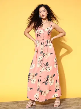 Berrylush Women Pink & Off-White Floral Printed Sweetheart Neck Front Button-Up Crepe Flared Maxi Dress