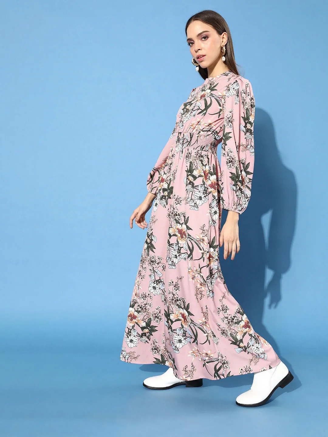 Berrylush Women Pink Floral Printed Mandarin Collar Crepe Maxi Dress