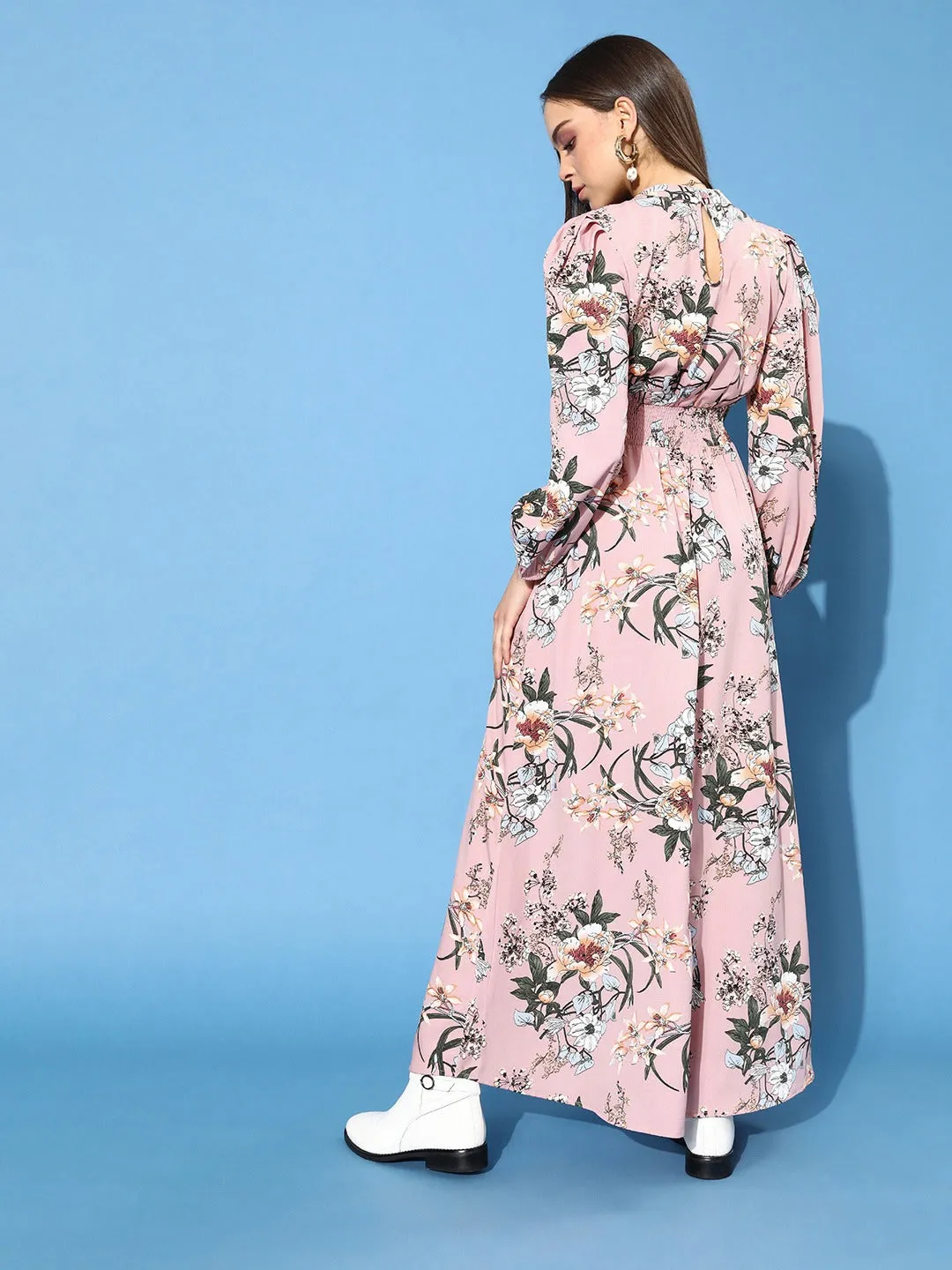 Berrylush Women Pink Floral Printed Mandarin Collar Crepe Maxi Dress