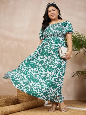 Berrylush Women Plus Size White & Green Floral Printed Strapless Neck Puff Sleeve Smocked Maxi Dress