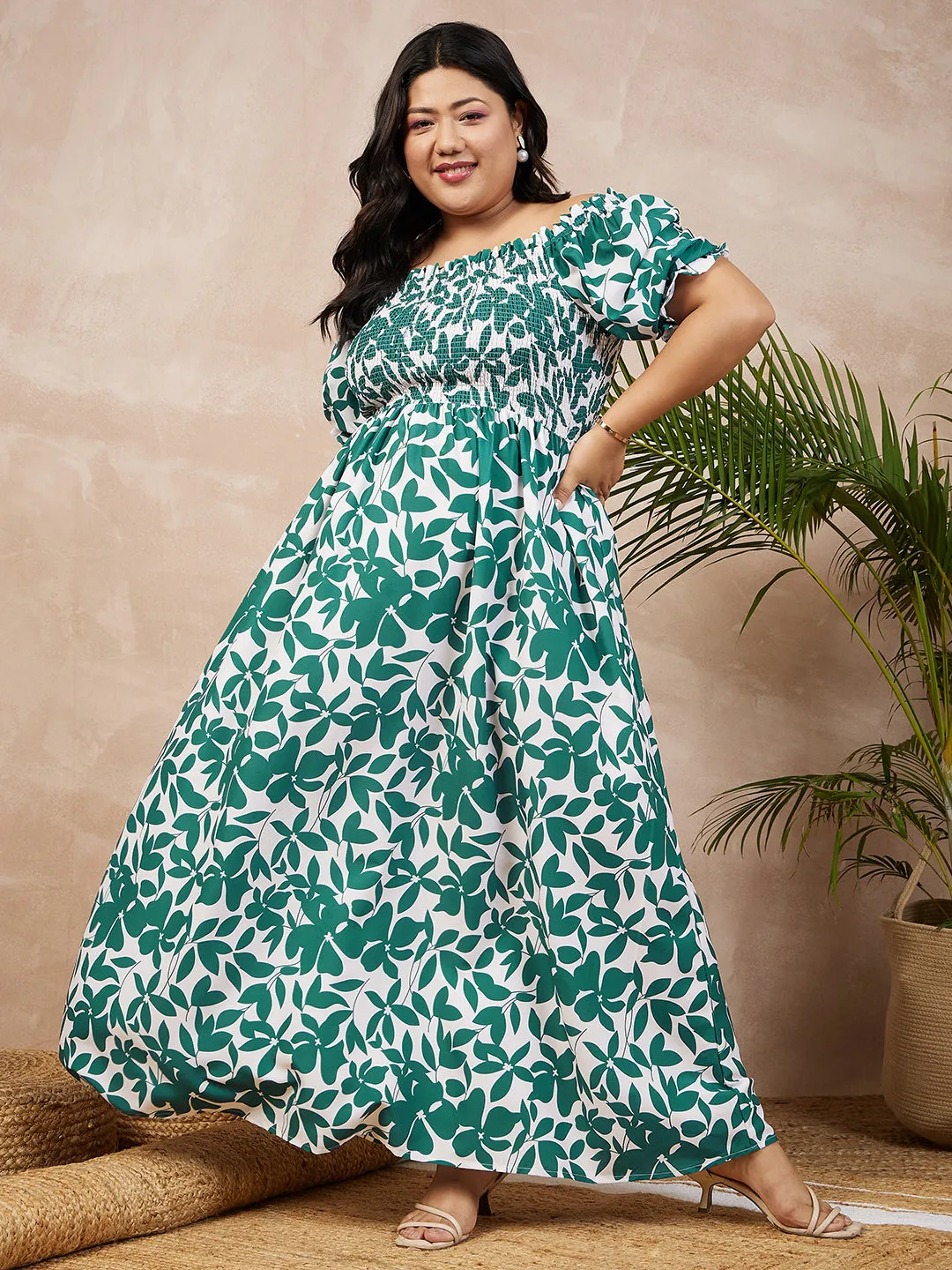 Berrylush Women Plus Size White & Green Floral Printed Strapless Neck Puff Sleeve Smocked Maxi Dress