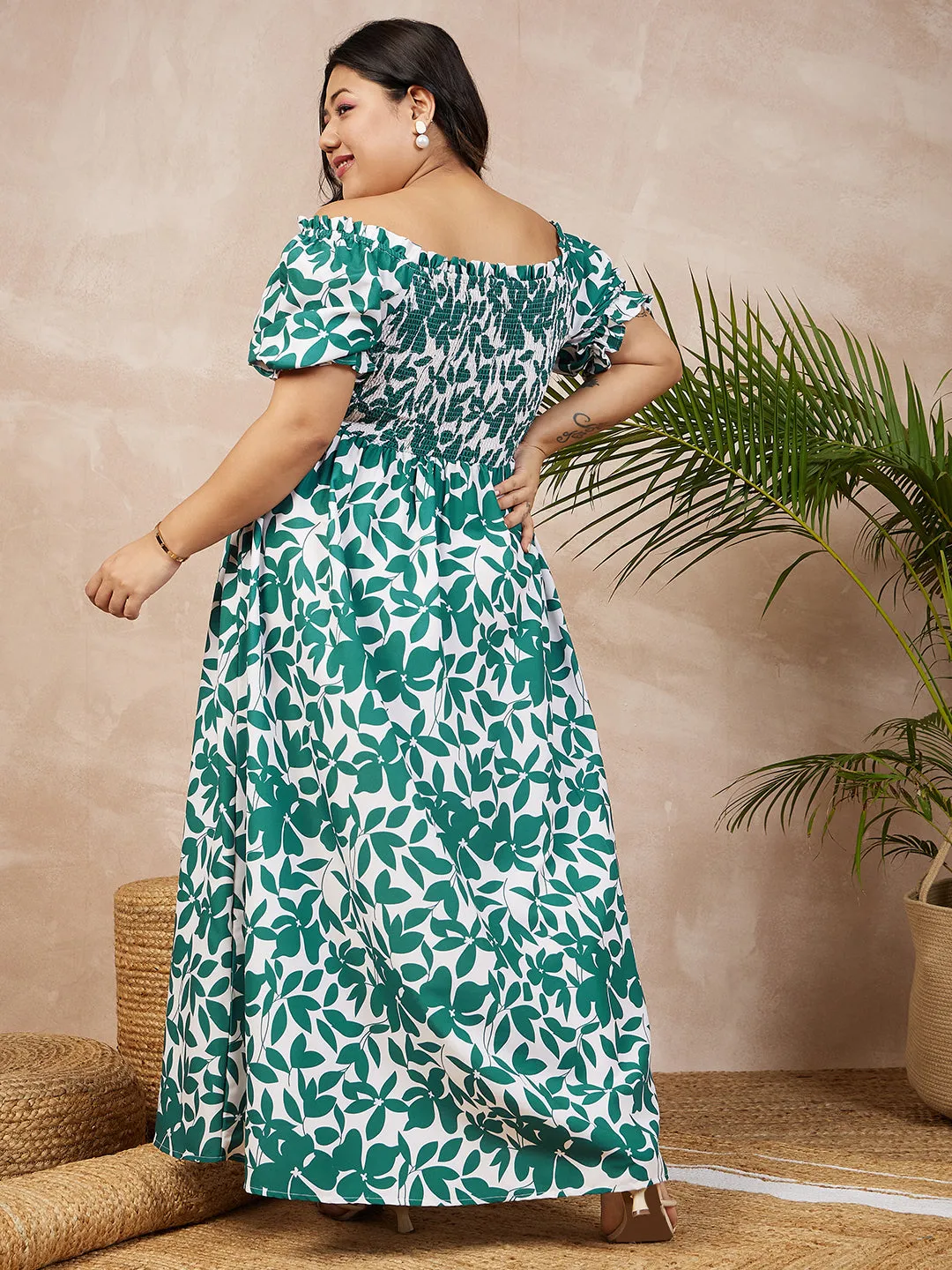 Berrylush Women Plus Size White & Green Floral Printed Strapless Neck Puff Sleeve Smocked Maxi Dress