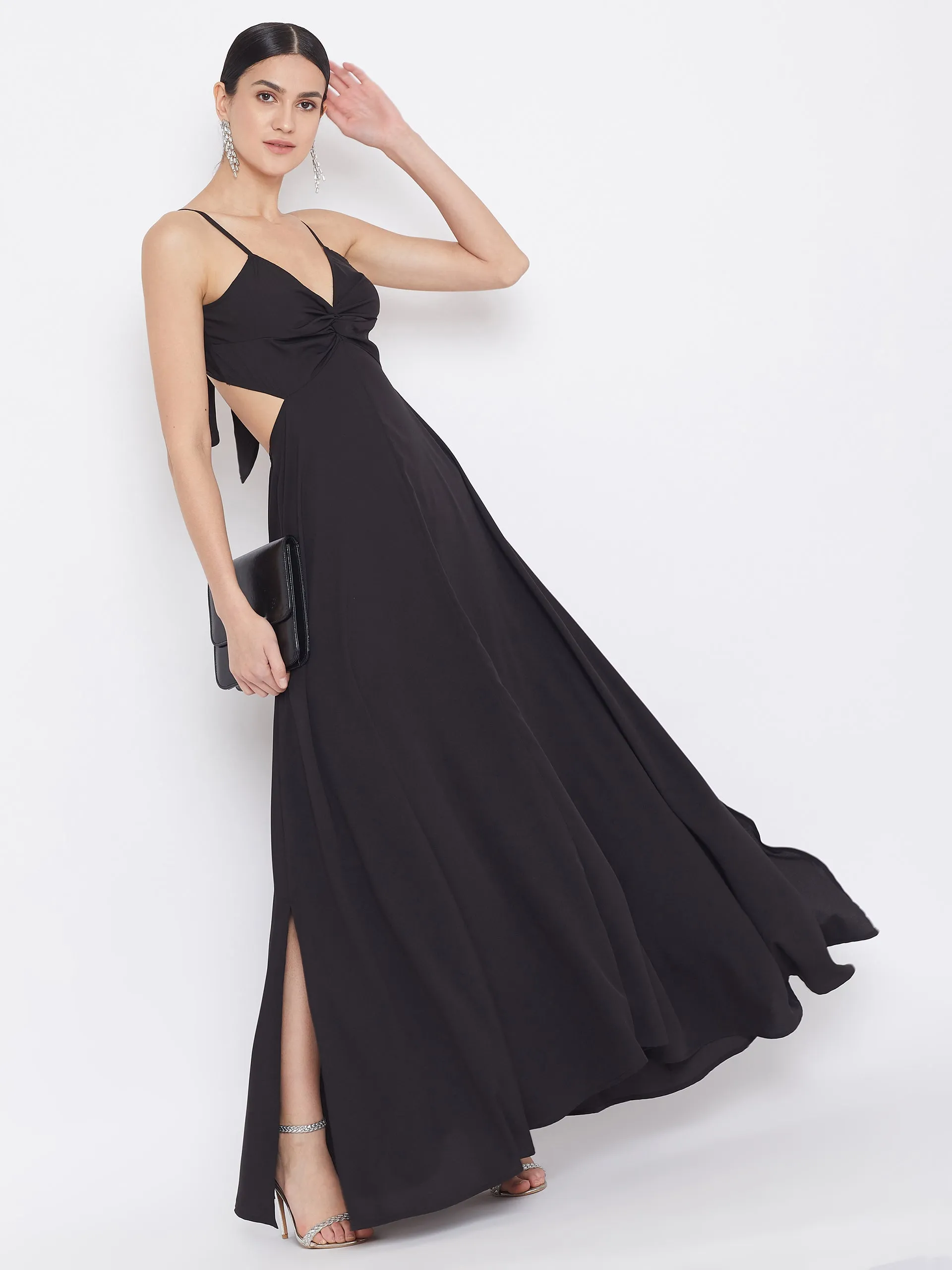 Berrylush Women Solid Black V-Neck Strappy Tie Knot A-Line Maxi Dress