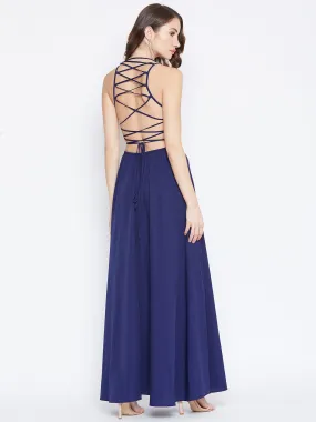 Berrylush Women Solid Navy Blue Halter Neck Caged Back Flared Maxi Dress