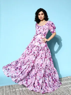 Berrylush Women White & Purple Floral Printed Sweetheart Neck Tie-Up Back Flared Maxi Dress