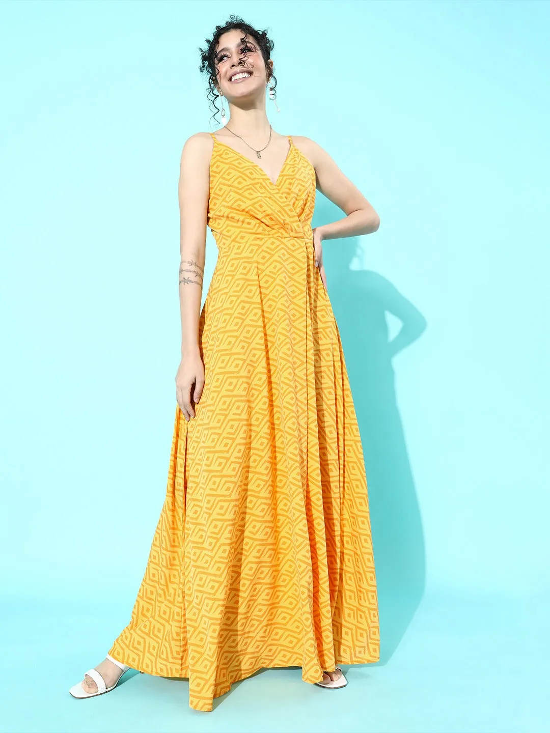 Berrylush Women Yellow Geometric Printed V-Neck Crepe Maxi Dress