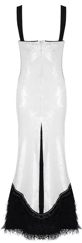 Bicolor Sequin-Embellished Fringe-Hem Maxi Dress