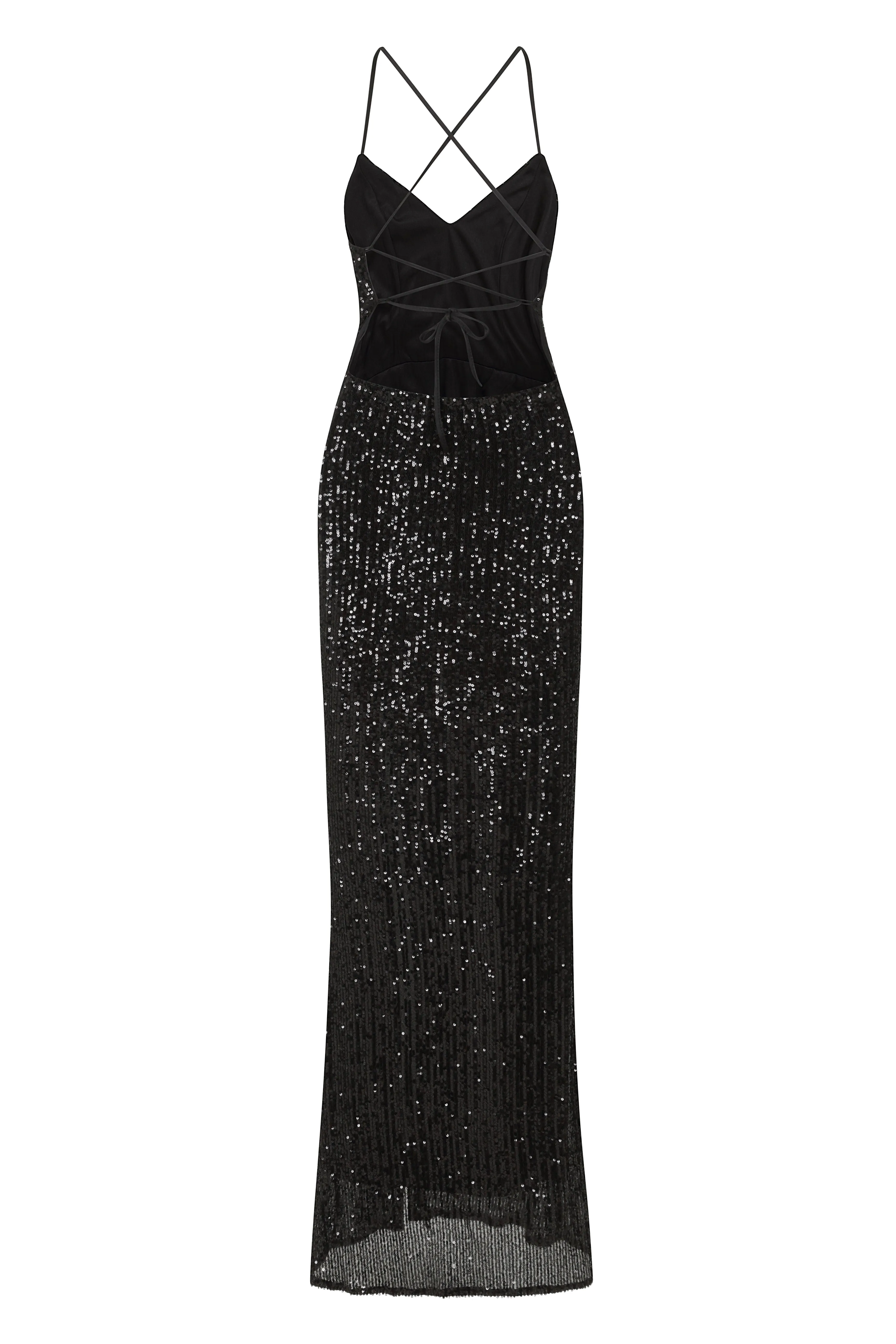 Big Dreams Black Tie Back Sequin Plunge Slit Maxi Dress