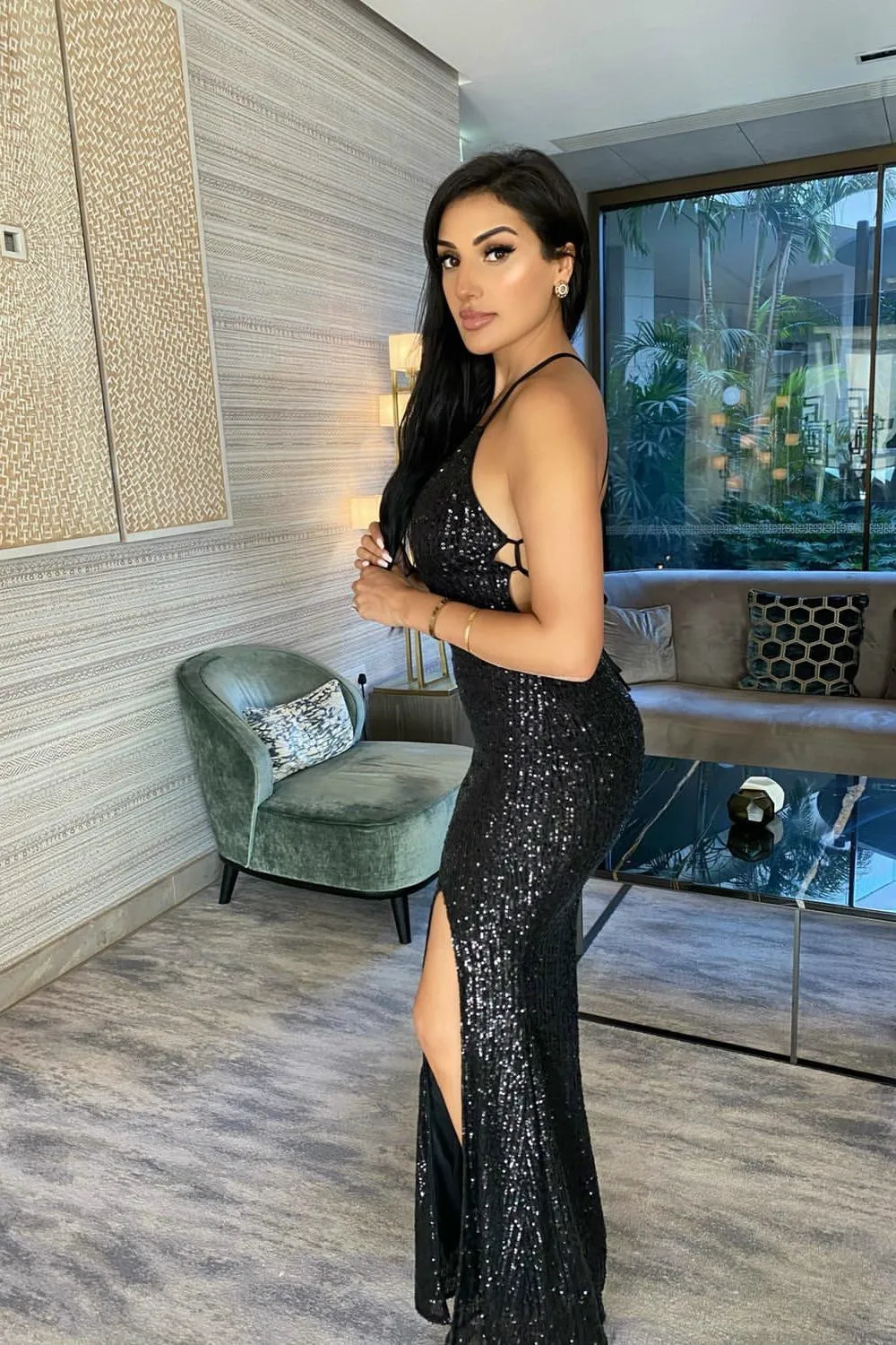 Big Dreams Black Tie Back Sequin Plunge Slit Maxi Dress