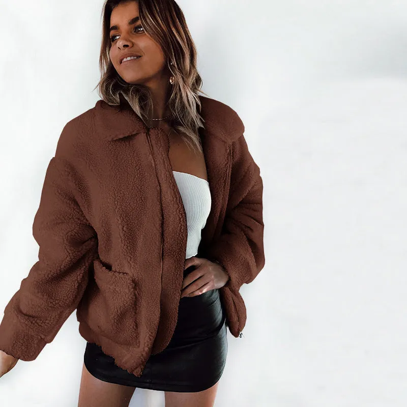 Big Pockets Zipper Lapel Candy Color Women Short Teddy Coat