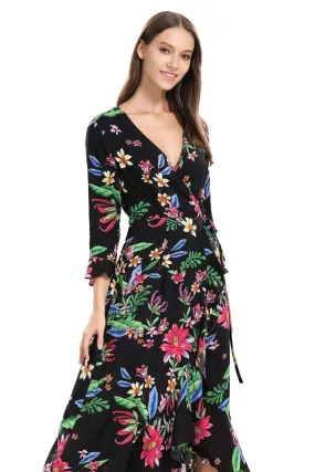 Black Floral Rainforest Print Maxi Wrap Dress