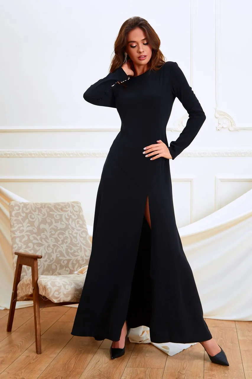 Black Long Sleeve Thigh-Slit Maxi Dress