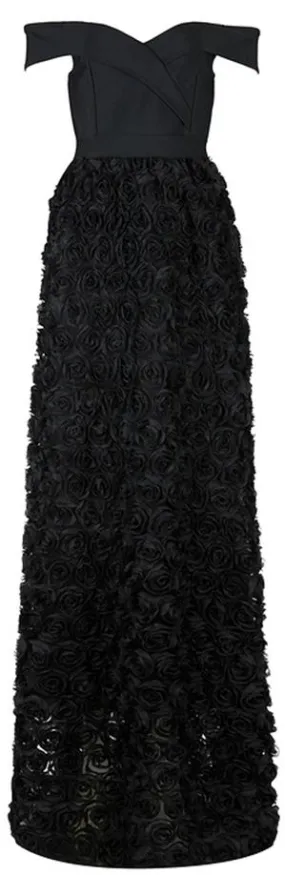 Black Off-the-Shoulder Stretch Floral-Appliques Maxi Dress