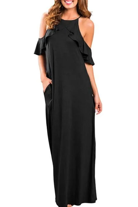 Black Ruffle Sleeve Cold Shoulder Maxi Dress