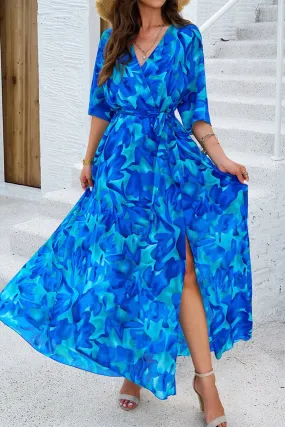 Blue Abstract Print Belted Side Slits Maxi Dress